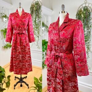 Vintage 90s 2000s Robe Y2K Asian Floral Novelty Red Rayon Satin Dressing Gown